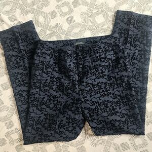Renuar Flocked Velvet Floral Print Pull On Ankle Pants Sz4 Blue Black